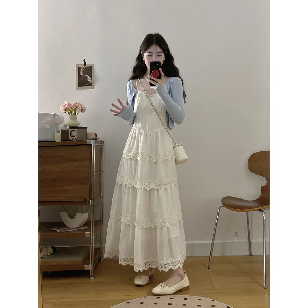 微胖大码吊带连衣裙女春夏蕾丝边公主蛋糕裙蓝色针织开衫两件套裙