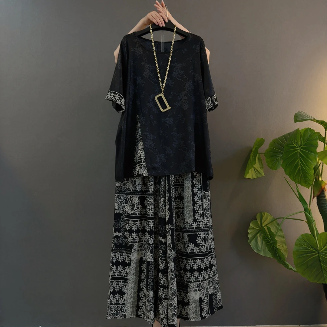 新款时尚开叉碎花上衣阔腿裤俩件套