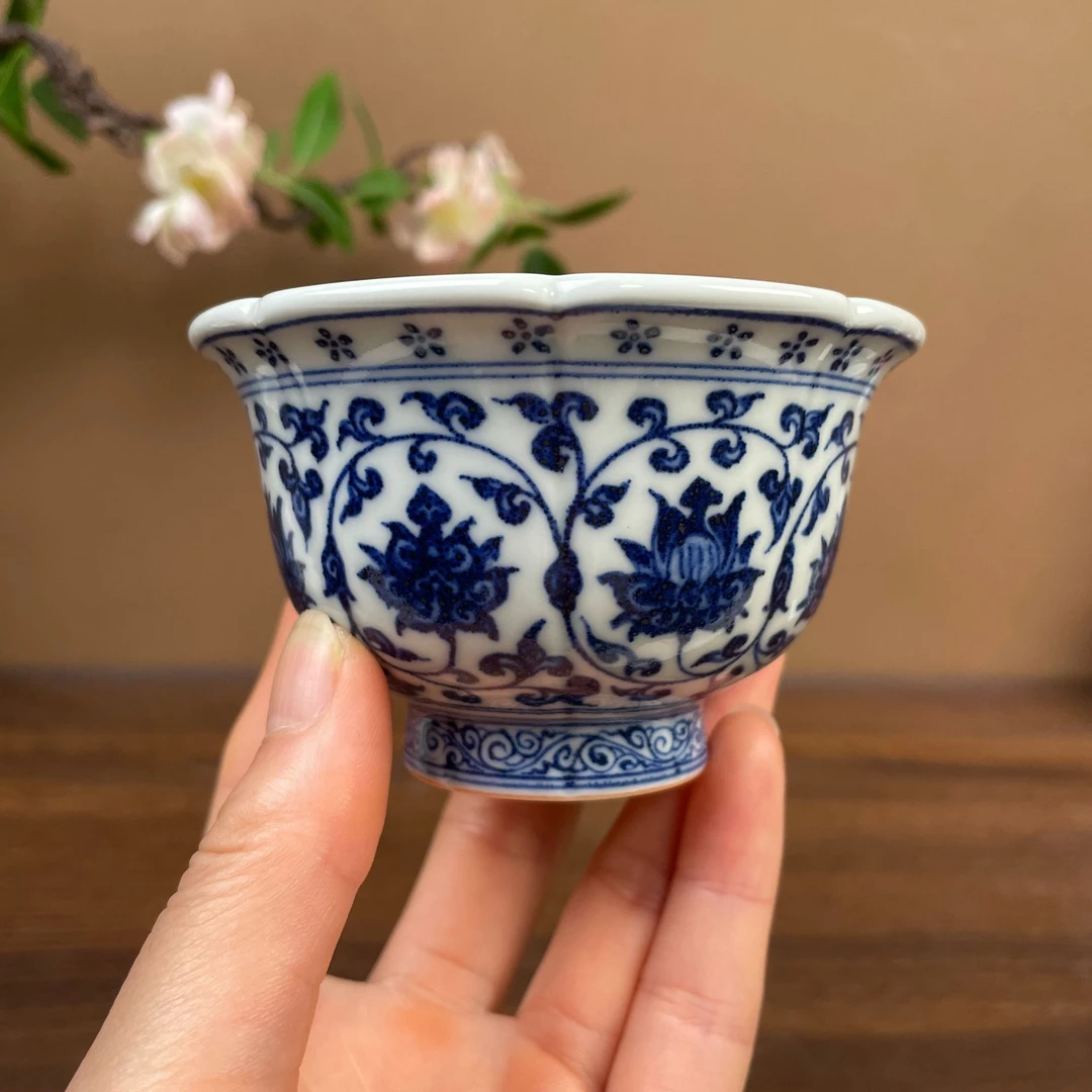 【望月御品】缠枝莲永乐双狮花口压手主人杯 手工手绘景德镇茶具