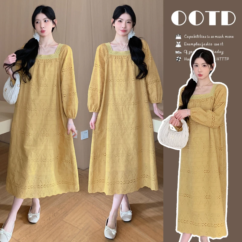 2025新款孕妇春装连衣裙中长款法式镂空连衣裙时尚气质显瘦长裙女