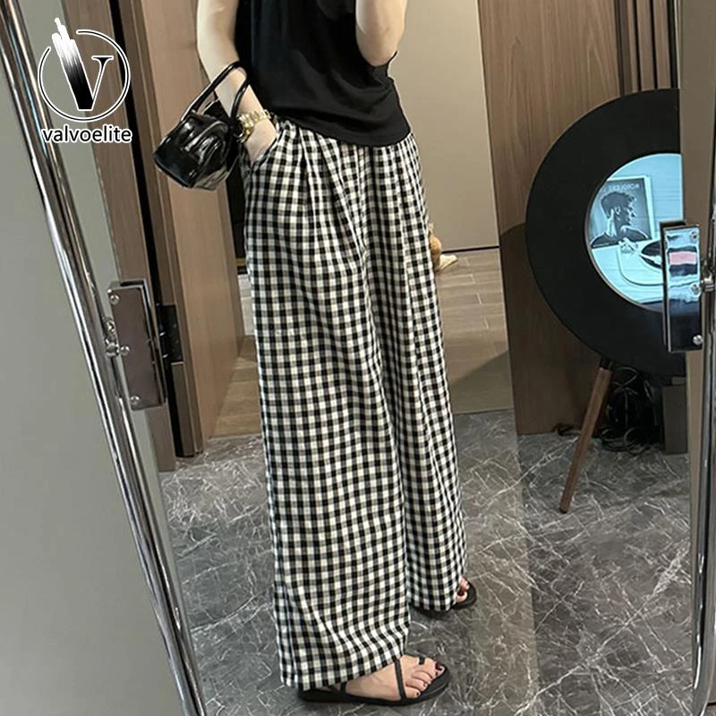 VALVOELITE格子窄版大码阔腿裤女夏季新款高腰宽松直筒薄款休闲裤