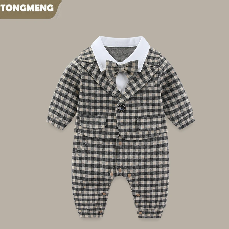 满月婴儿长袖连体衣春秋装百天男宝宝小西装绅士哈衣爬服生日礼服