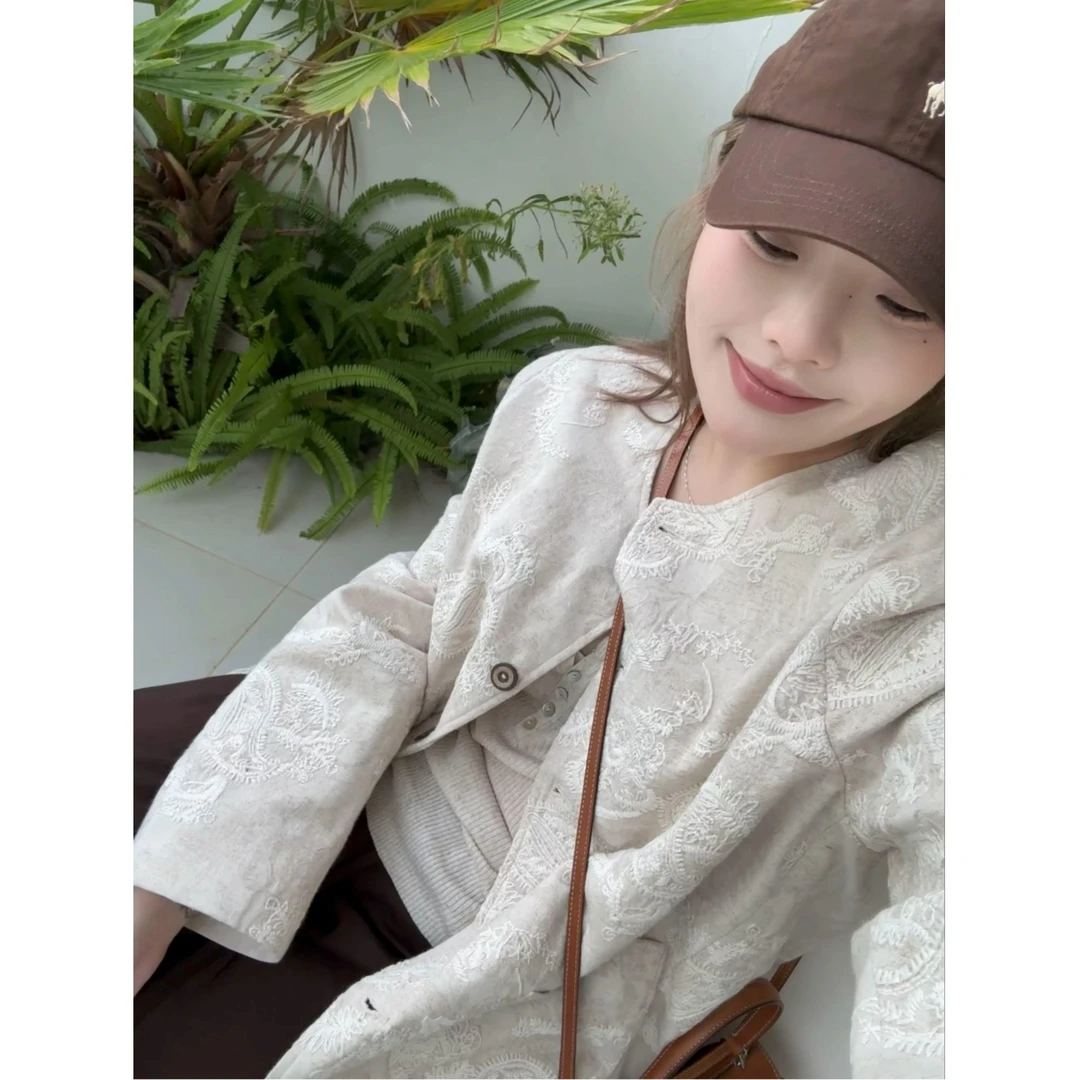 【瘦瘦】花间影-大码秋季圆领复古亚麻新中式重工刺绣外套S01841