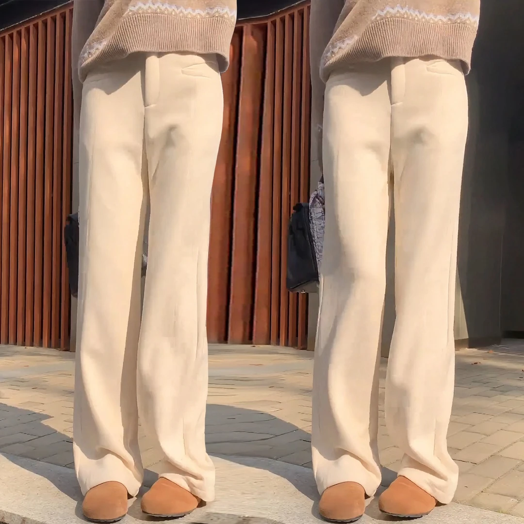 依梅儿燕麦色羊毛呢阔腿裤女秋冬季裤子2025新款糯米裤垂感休闲直