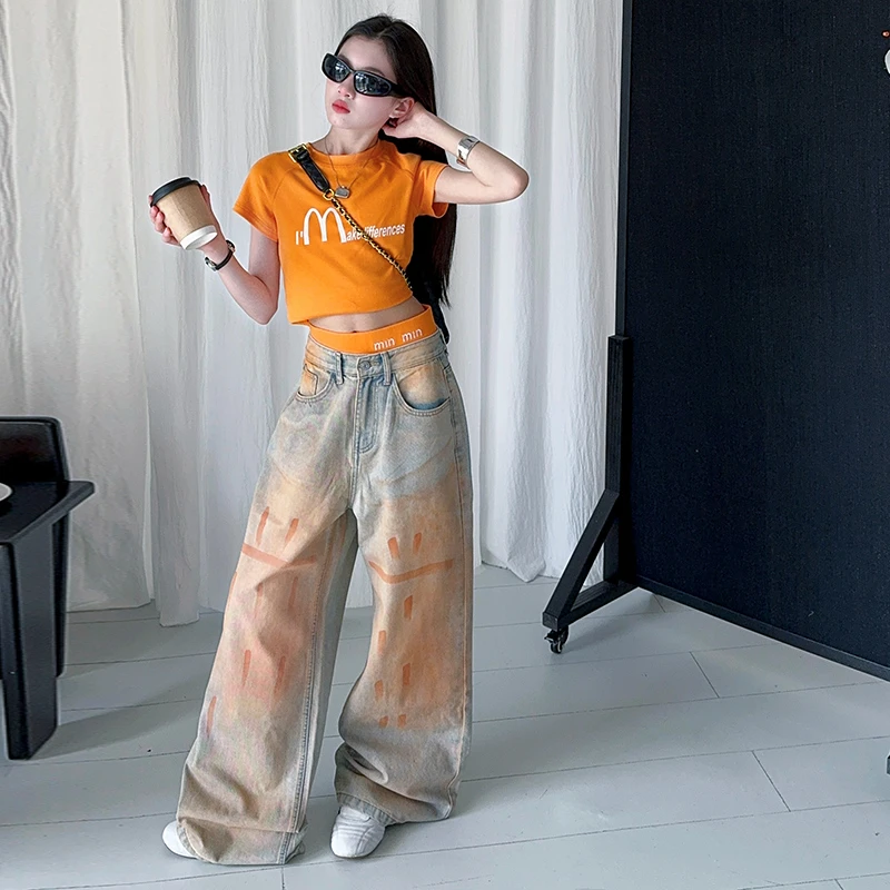女童2025春秋橙色水洗涂鸦直筒牛仔裤新款宽松显瘦上衣短袖短裤