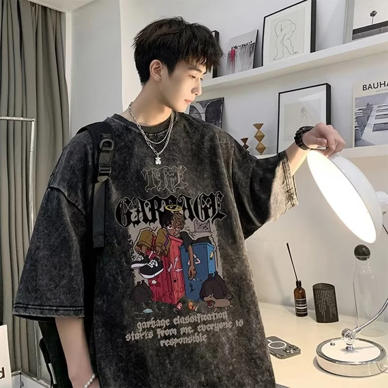 夏季潮流美式复古港风ins印花百搭嘻哈休闲高街上衣大码半袖T恤男