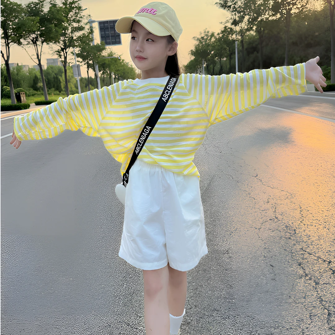 女童夏装防蚊长袖薄款海边度假防晒衣女宝宝宽松上衣短裤两件套潮