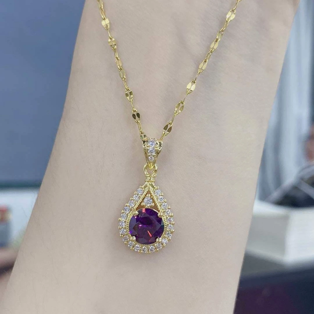 铜合金亚克力项链 紫色水滴项链女微镶轻奢百搭感锁骨链爆款直播