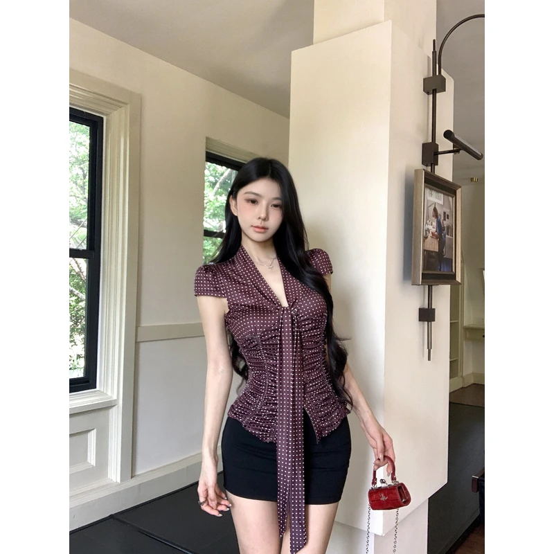 复古深棕色波点设计修身短款上衣低腰弹力包臀裙裤辣妹气质套装女