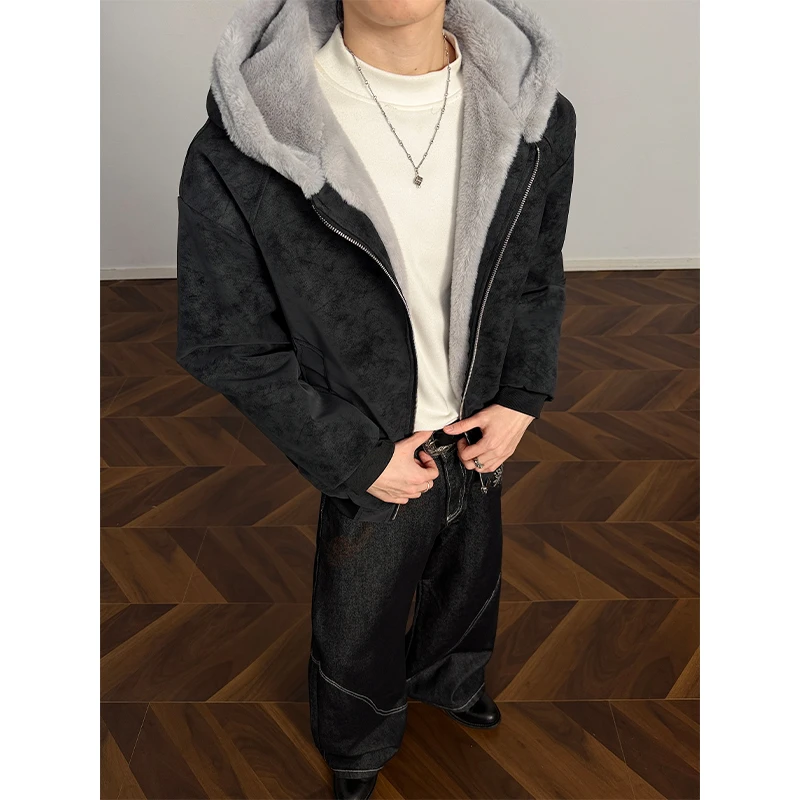 【820克】PU皮荔枝纹座山雕冬季加厚保暖一体宽松连帽皮棉衣外套男