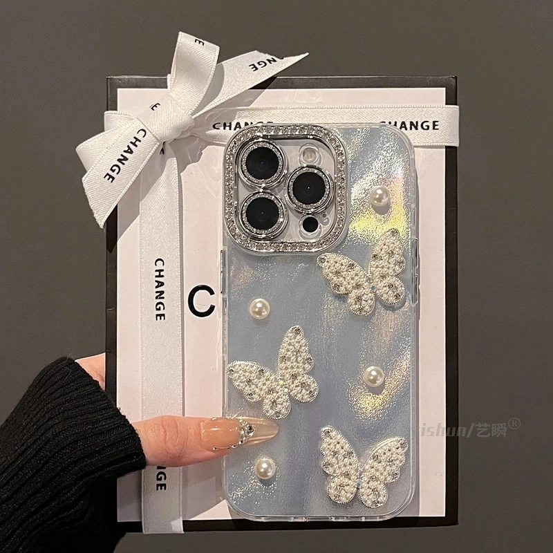 新款时尚立体珍珠蝴蝶适用苹果16ProMax手机壳轻奢高级感iPhone15