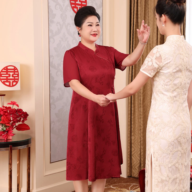 2025大码妈妈中式连衣裙喜庆红色本命年改良旗袍裙子母亲节礼物