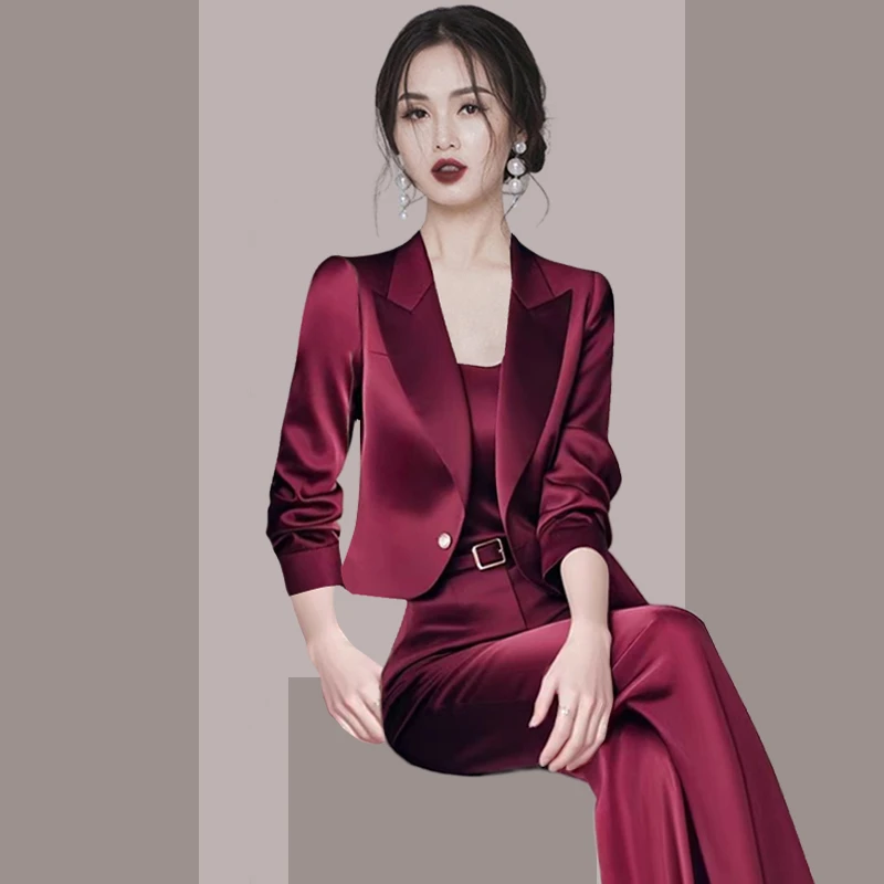 春装搭配一整套干练气质女装高级感小香风酒红色西装裤子职业套装