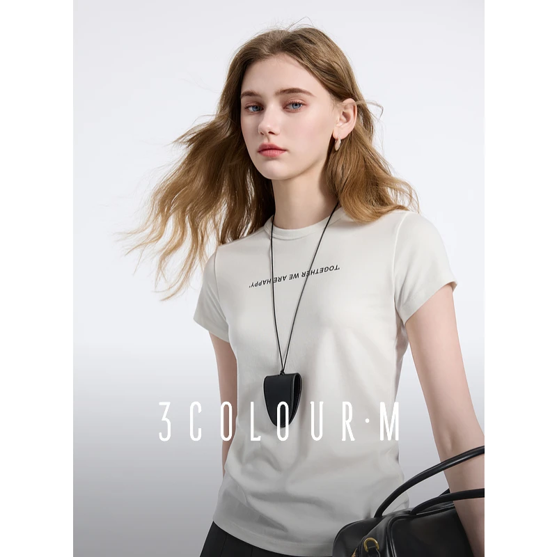 三彩2025春季新款字母印花短袖T恤修身显瘦基础上衣套头衫M
