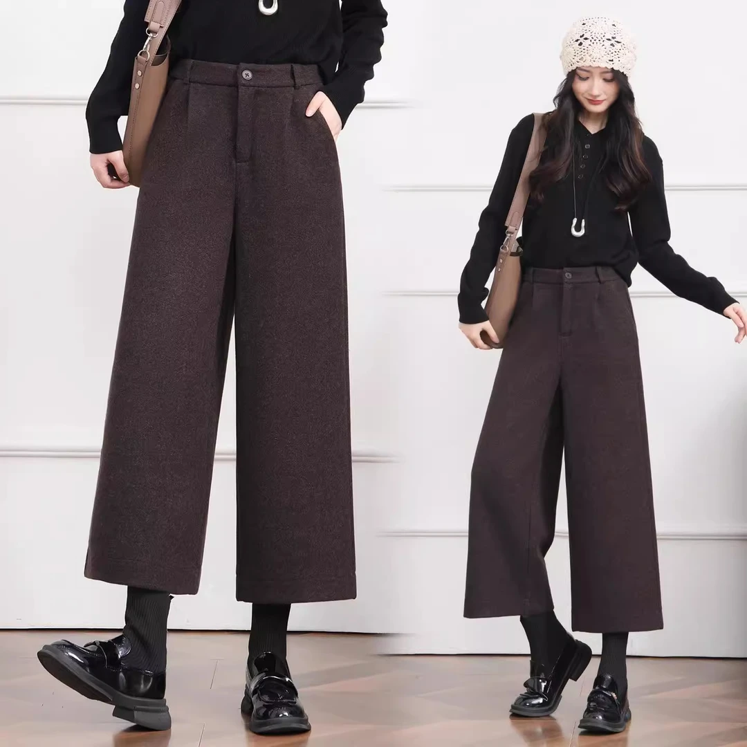 拉夏贝尔轻熟风毛呢保暖阔腿裤女秋冬季2025巨好看的休闲裤八分裤