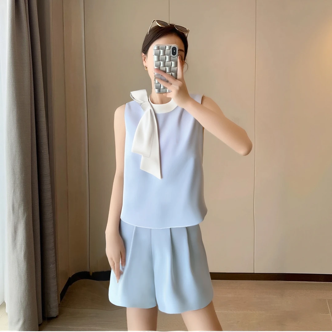 A【两件套】蝴蝶结领撞色千金风气质显瘦上衣短裤套装设计感女D1821