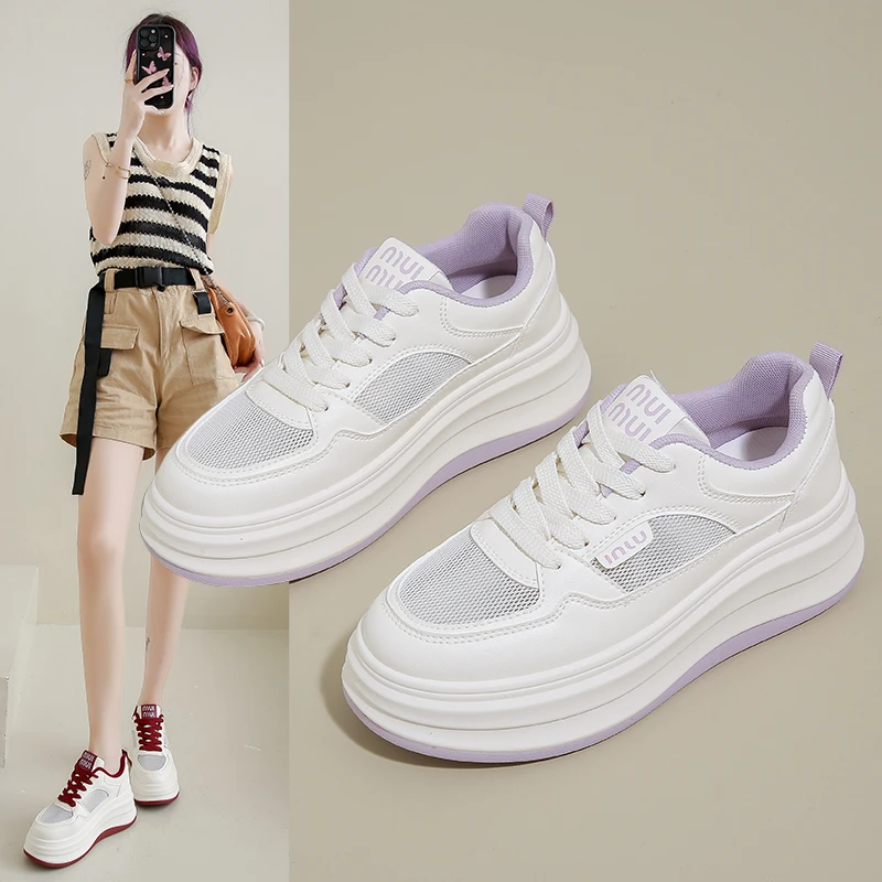 网面透气小白鞋女2025夏季新款时尚百搭厚底增高镂空休闲运动鞋