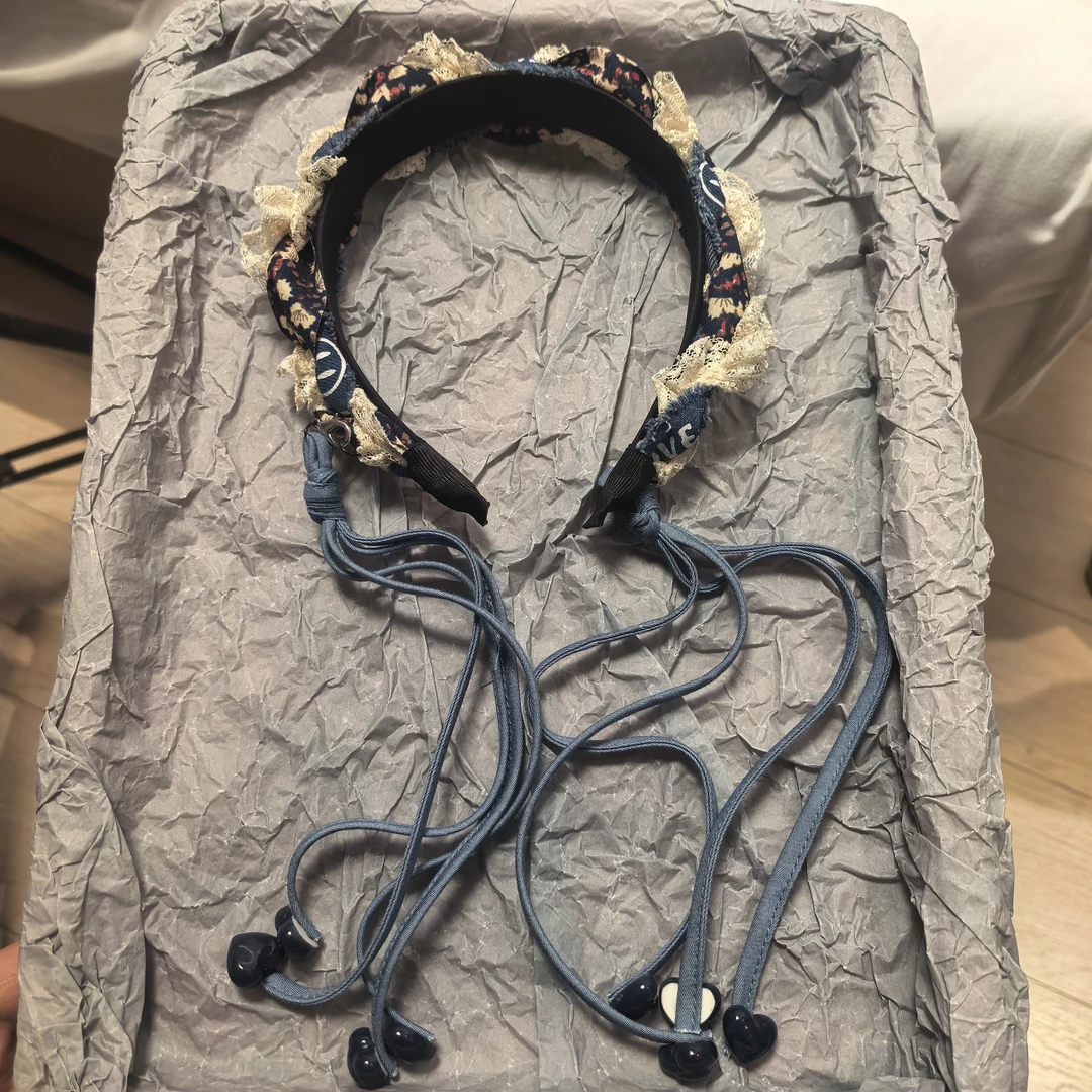 D326蓝色牛仔碎花蕾丝飘带可拆卸发箍