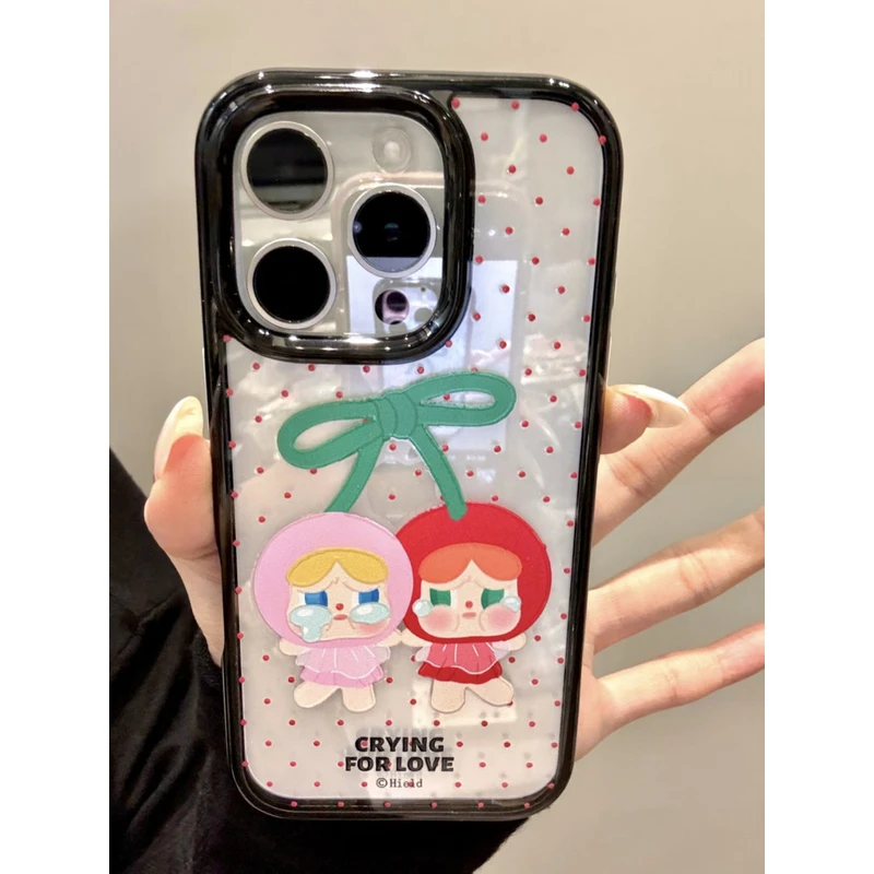 满屏红波点樱桃哭包娃适用苹果16Promax新款15黑边14亚克力手机壳