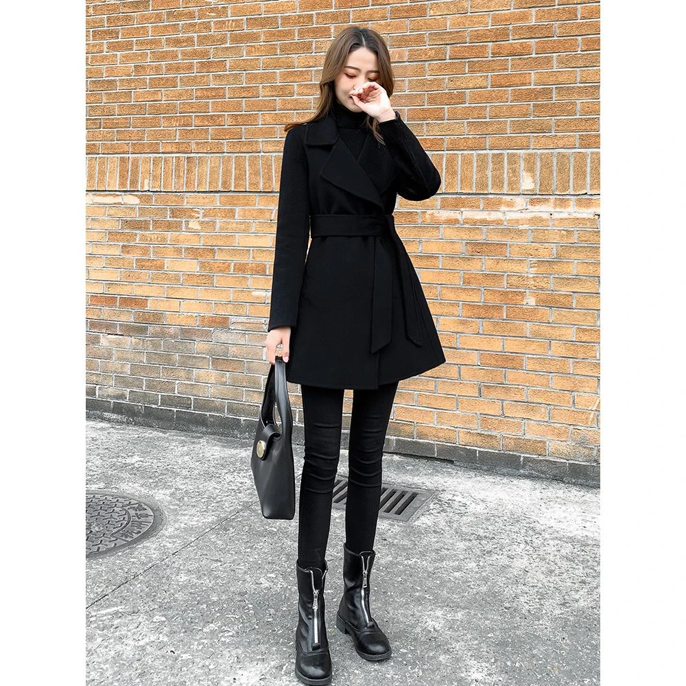 赫本风黑色双面羊毛呢子大衣女轻奢新款秋冬小个子韩版毛呢子外套