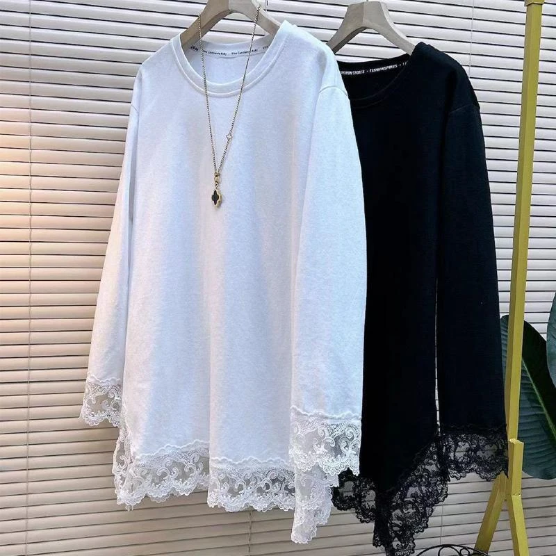 拼接遮肉长袖上衣女胖MM300斤宽松时尚圆领中长款蕾丝衫早秋新款