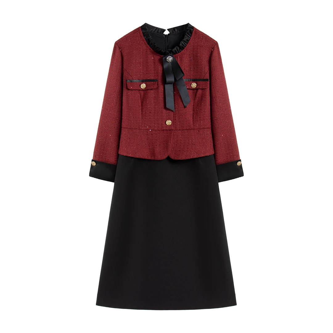 【南油虹姐】秋冬小香风新款时尚名媛洋气假两件连衣裙