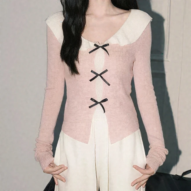 设计感假两件娃娃领蝴蝶结针织衫女短款温柔气质修身上衣