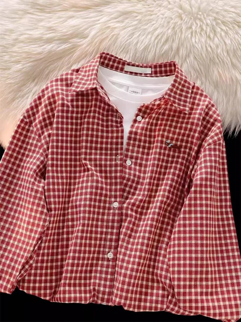 常规格子刺绣印染长袖宽松型衬衫衬衣时尚多巴胺穿搭