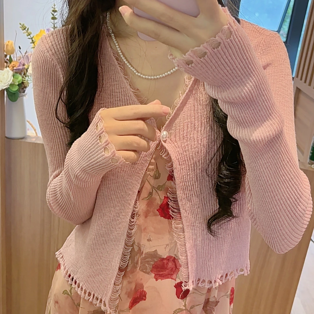 冰丝开衫女夏季薄款短款白色v领针织上衣披肩搭配裙子防晒衣5562