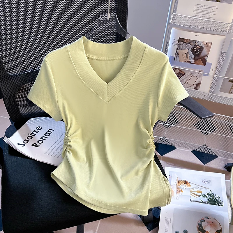 纯色正肩v领短袖t恤女2025新款夏季设计感上衣高级感收腰开叉小衫