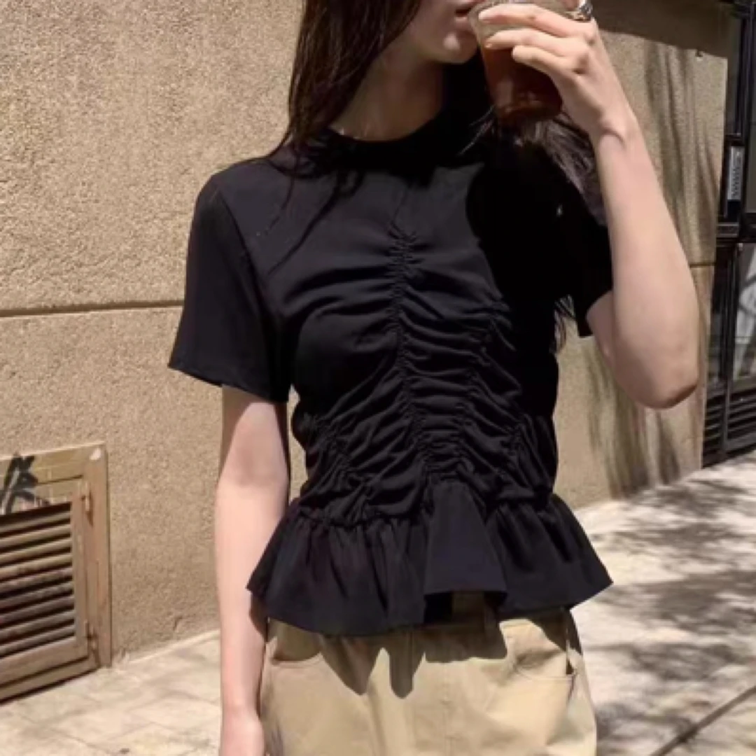 现~韩国东大门代购mohhe女洋气圆领褶皱设计修身短袖T恤