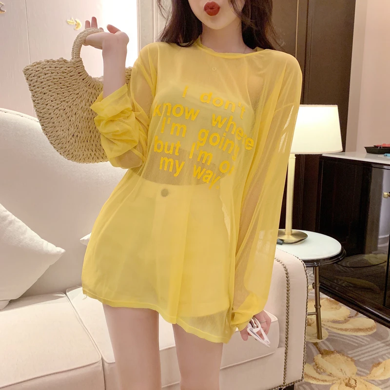 辣妹风字母印花薄款透视长袖T恤女春夏季防晒罩衫宽松小众上衣服