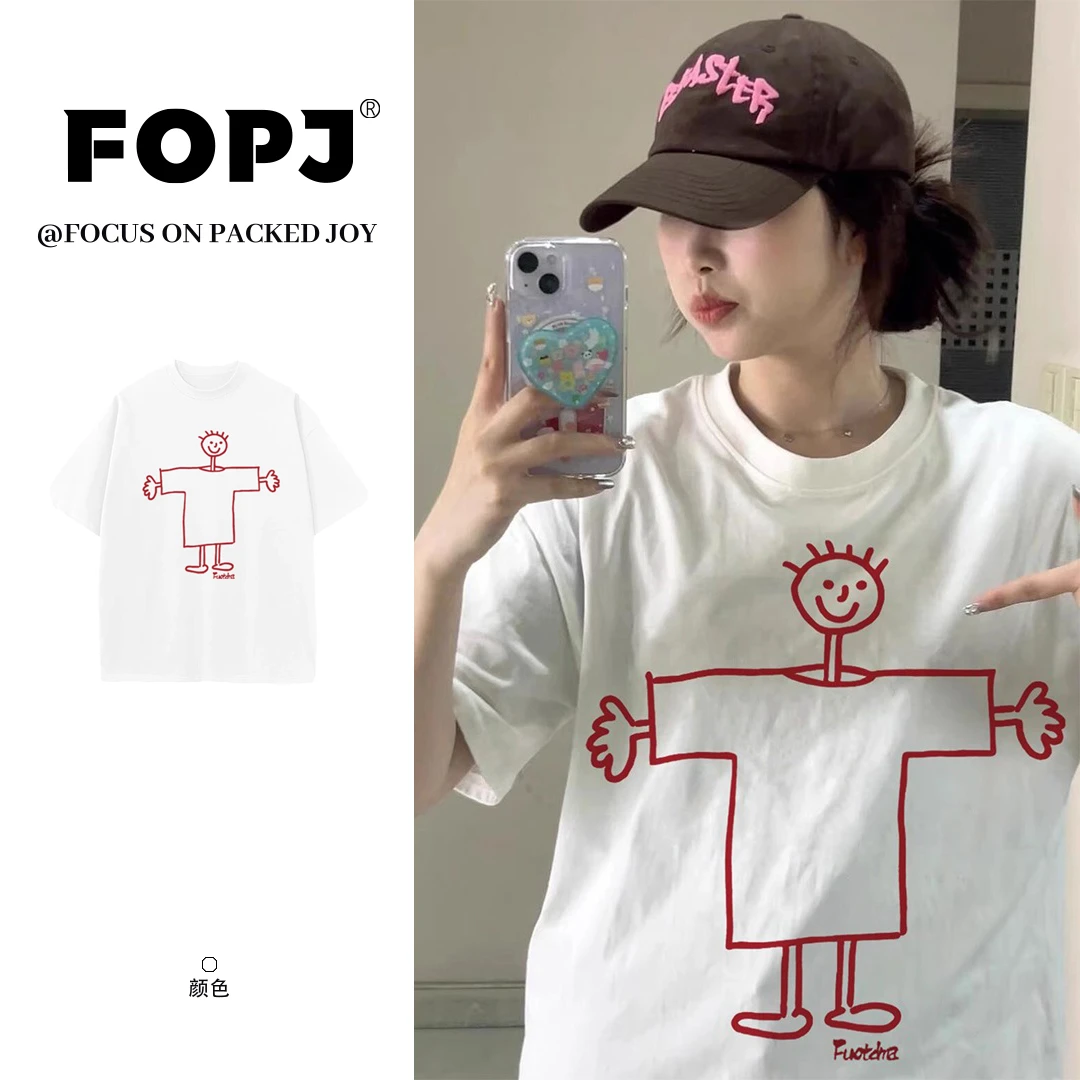 FOPJ夏季新款百搭宽松小众设计感纯棉短袖t恤女美式休闲圆领上衣