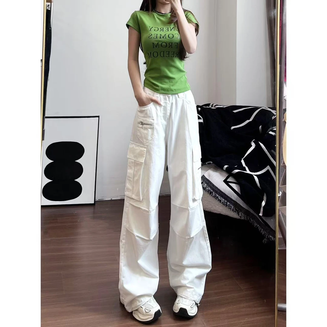 【轻氧裤】多口袋褶皱高腰工装裤夏季薄款宽松百搭复古阔腿裤-K2930
