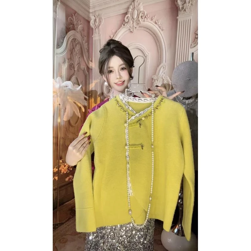 【崔】M0181新中式女毛衣国风设计感针织衫时尚常规款气质V领