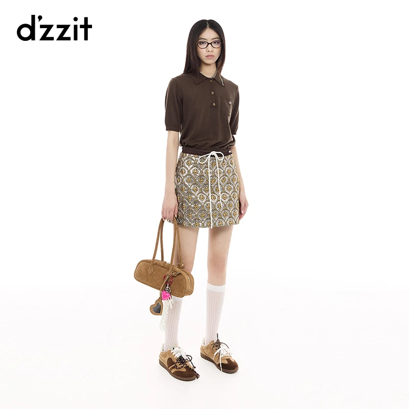 dzzit地素半身裙25春新款老钱风双腰头设计金葱提花短裙女3J1S227