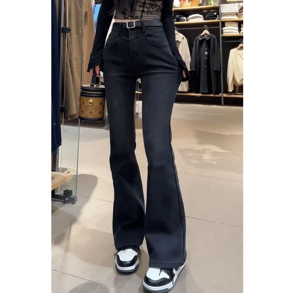 梨型高腰弹力显瘦修身马蹄裤女秋冬新款大码百搭黑灰色微喇牛仔裤