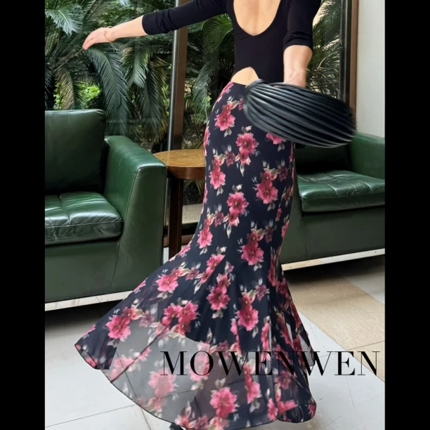 莫文文 旧梦 复古印花网纱高腰垂感气质显瘦包臀显瘦鱼尾裙半身裙