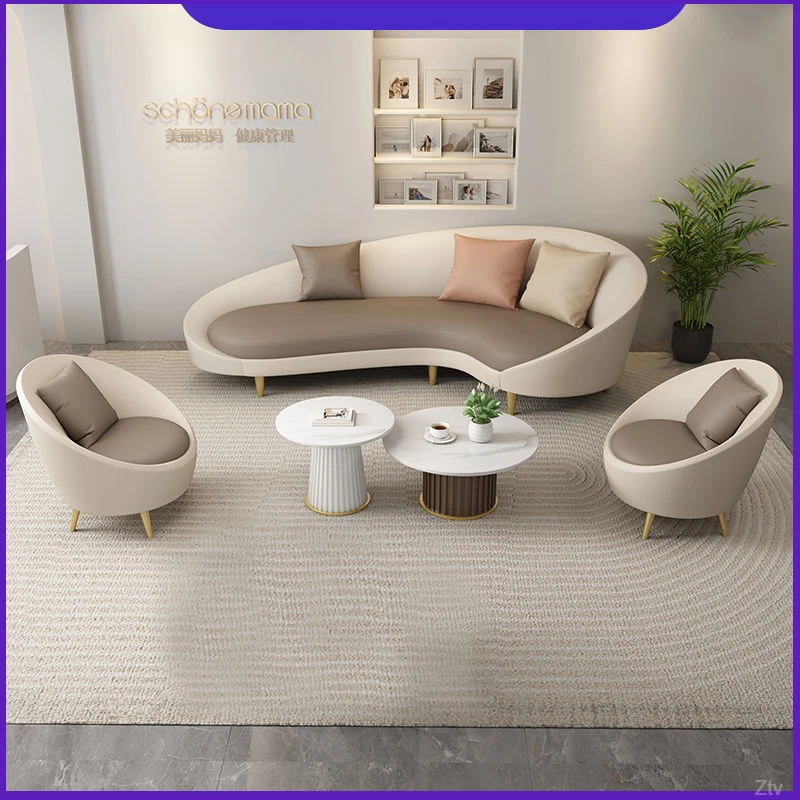 美发店铺组合网红科技皮沙发休息区接待室女服装店弧形茶几美容院