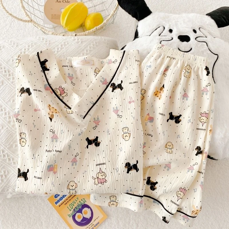 卡通V领睡衣夏季短袖短裤少女睡衣夏天女可外穿家居服套装5041