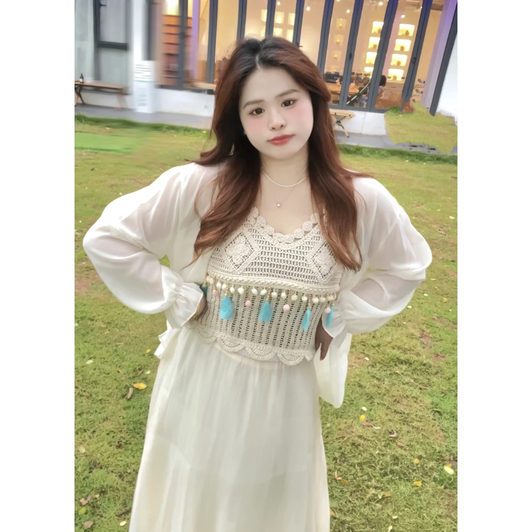 【青苍】大码女装复古流苏设计感针织背心长袖防晒衫半身裙三件套