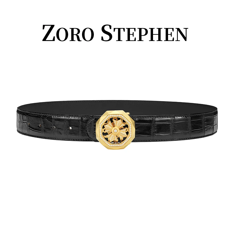 佐罗史蒂芬八星八箭时来运转镶钻扣鳄鱼皮休闲百搭男士黑色腰带