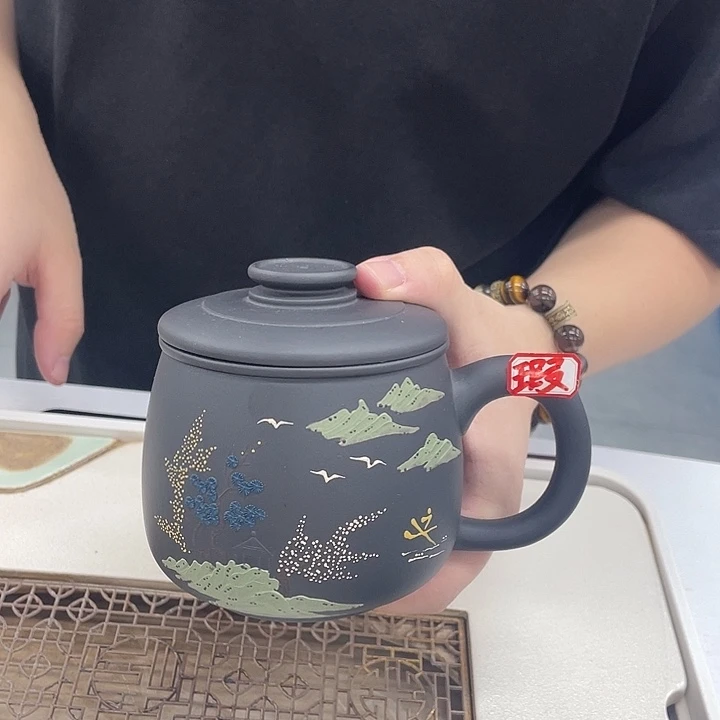 茶杯紫砂骑****?彩绘山水石黄三件套微瑕450毫升