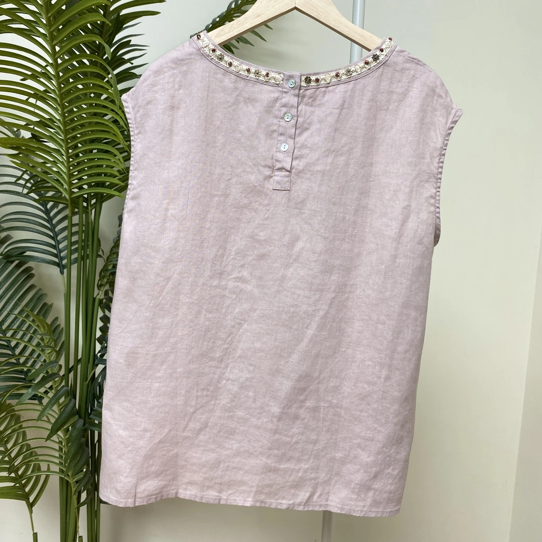 【黄金纱雨露亚麻】3943 圆领刺绣编织三纽扣背心