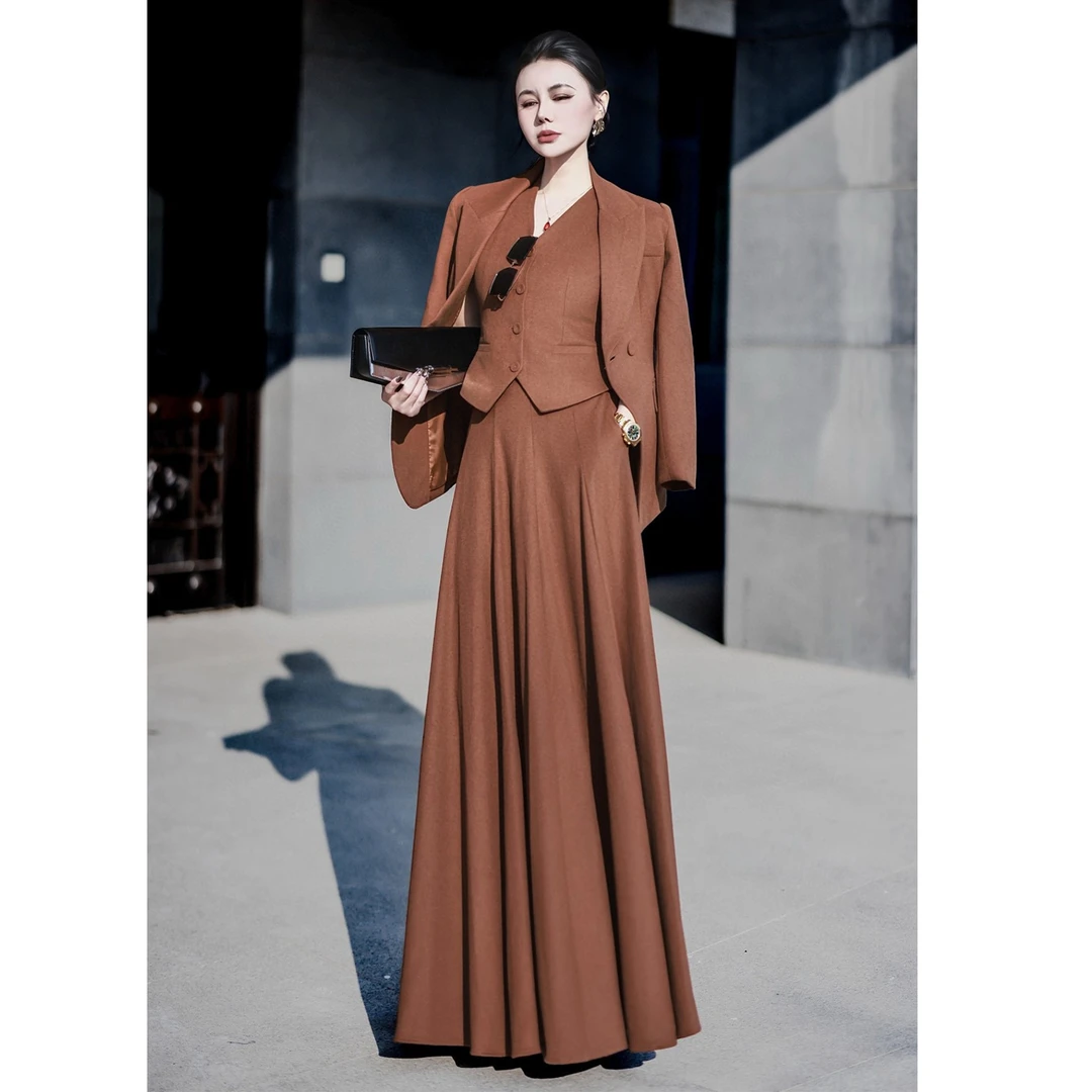 欧美老钱风高级羊毛西装马夹长裙三件套时尚大气高端品质感秋冬女