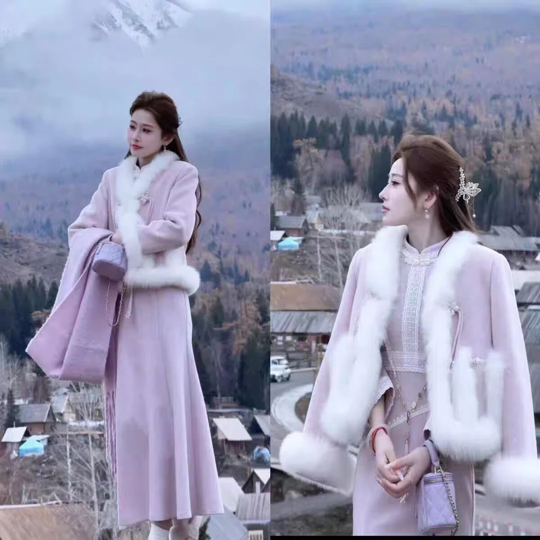 暮山紫•紫玉髓狐狸毛皮草羽绒服国风外套+加绒鱼尾旗袍套装