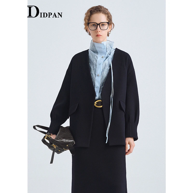 IDPAN西装羊毛外套V字无领毛呢大衣正装西服25冬季新款2F4W68229