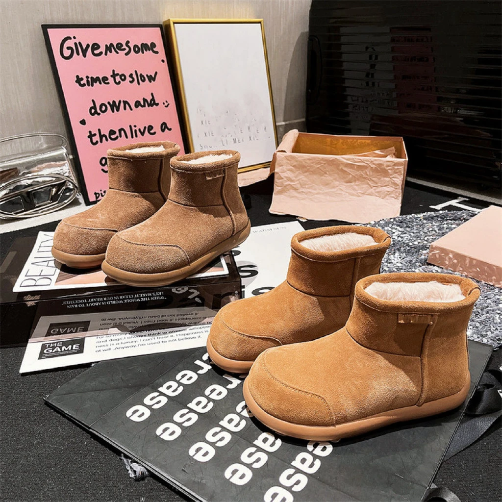 pjc小土豆~冬季小众大头丑萌雪地靴女加绒厚底保暖棉鞋女短靴
