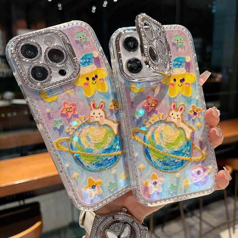 适用苹果系列iPhone16新款手机壳可爱兔子星球全包镜头膜钻框支架