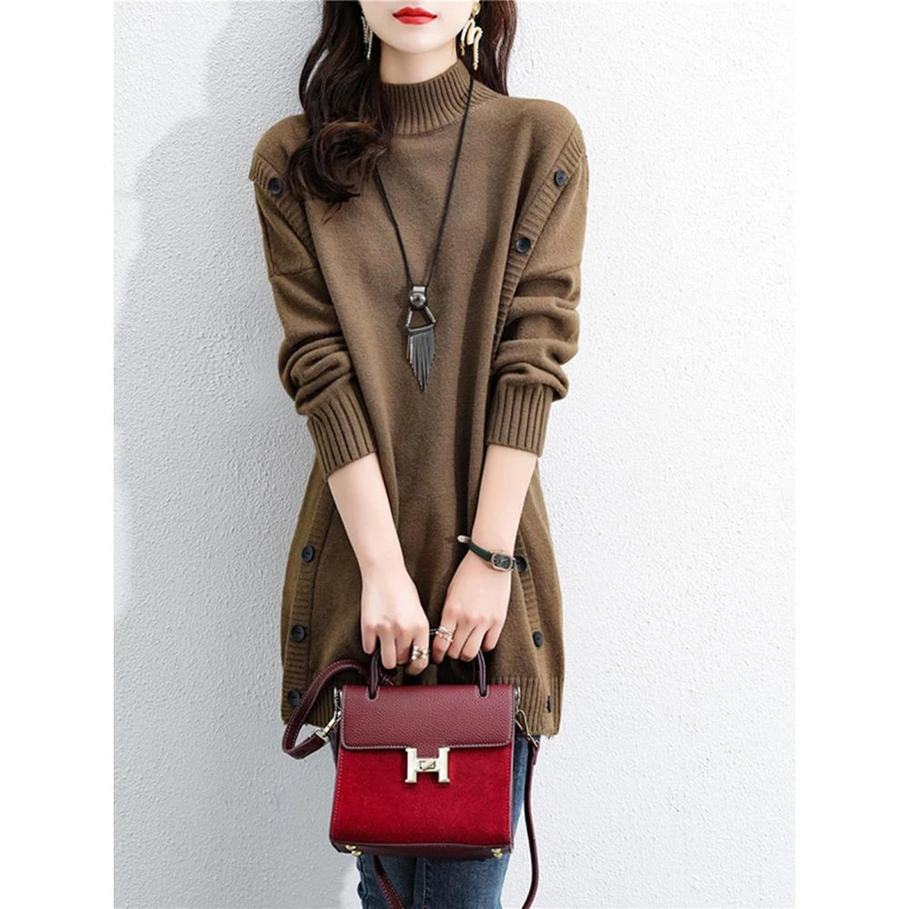 秋季新款韩版半高领套头羊毛针织打底衫连衣裙时尚宽松加厚毛衣裙